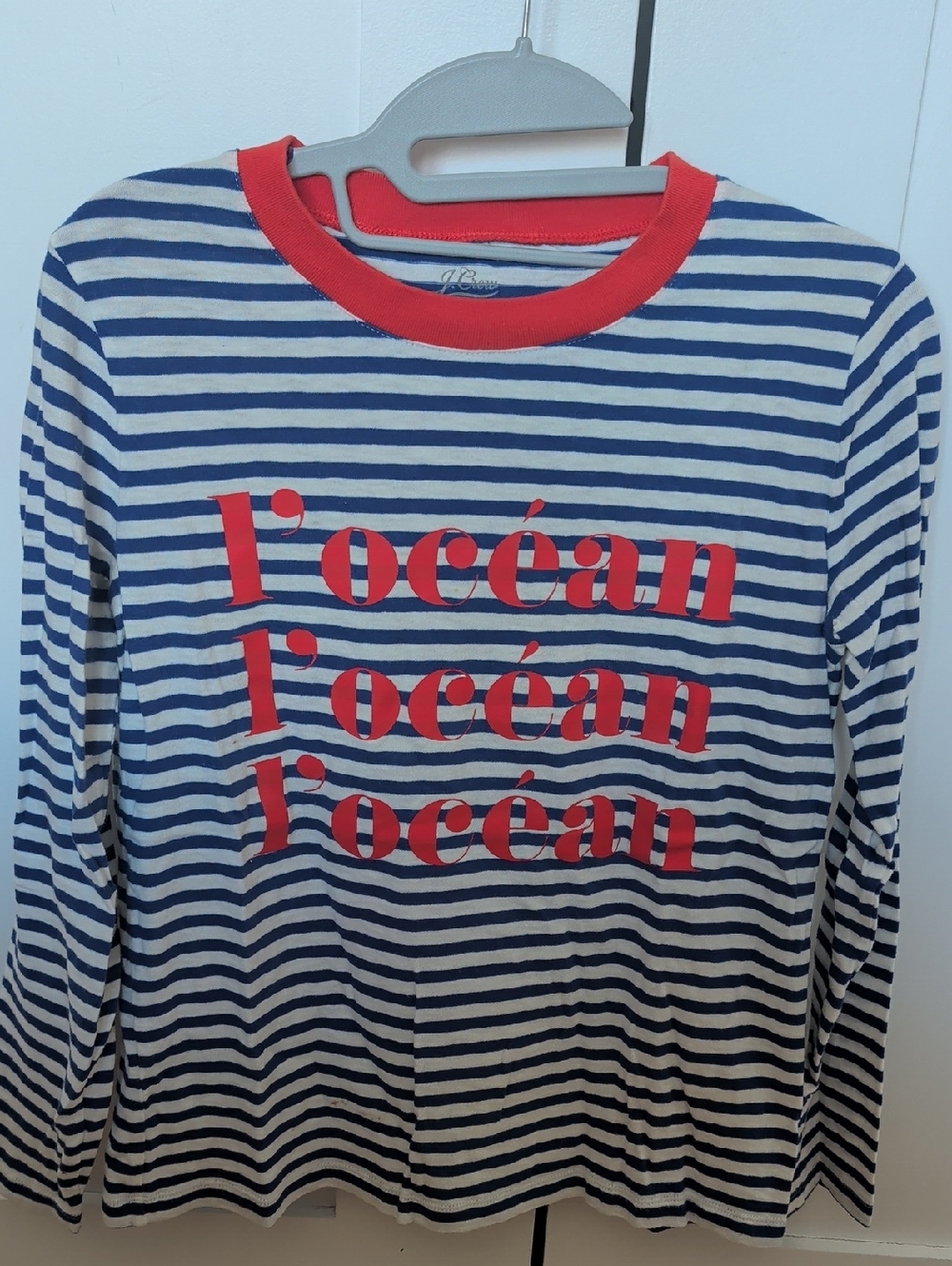 J. Crew Graphic l'ocean Blue White Stripe Red Long Sleeve Tee T-shirt XS